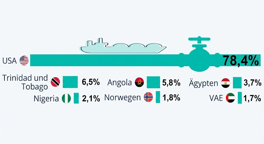 Infografik: USA dominiert mit 78,4%, daneben kleinere Anteile von Trinidad und Tobago, Angola, Ägypten, Nigeria, Norwegen, VAE.